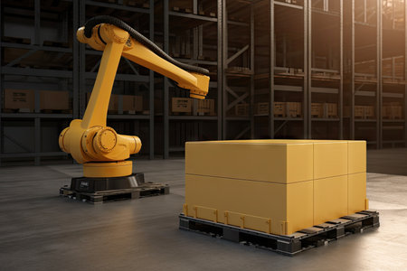 material handling and palletizing robot with cargo container, ready to ship products, created with generative aiの素材