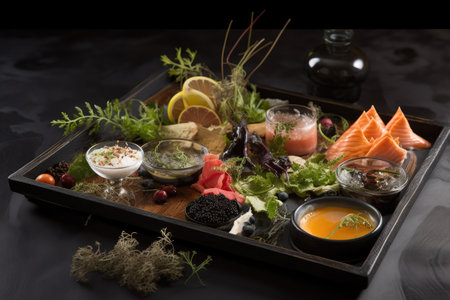 food presentation on a black tray with natural elements, created with generative aiの素材