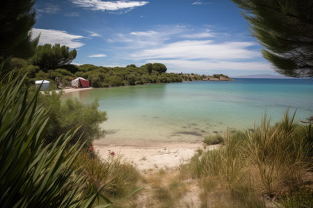 campsite with private beach, perfect for sunbathing or swimming, created with generative aiの素材