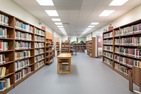 school library with bookshelves filled with reading materials for students and faculty, created with generative aiの素材