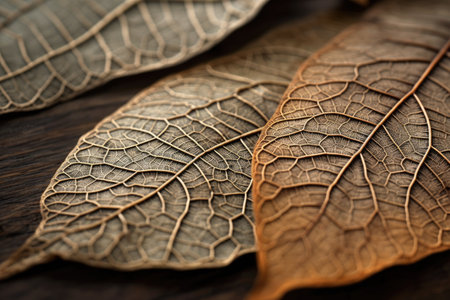 stack of fallen leaves with intricate veins and detailed textures, created with generative aiの素材