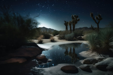 night sky with stars and the moon shining over a desert oasis, created with generative aiの素材