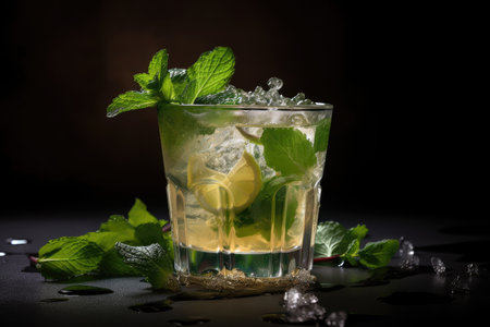 close-up of mojito cocktail, with droplets of water and mint leaves visible, created with generative aiの素材