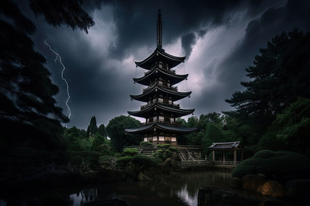 japanese pagoda under a stormy sky with lightning and thunder, created with generative aiの素材