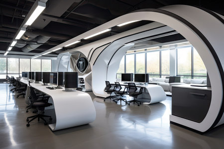 open office setting with futuristic furniture, advanced technology, and a sleek design, created with generative aiの素材