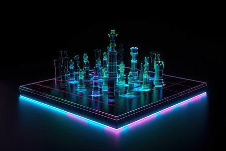 neon chess set on futuristic metal platform, with view of the stars in the night sky, created with generative aiの素材