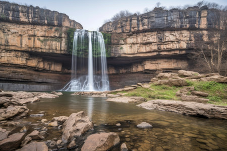 natural rock formation with waterfall on the background, created with generative aiの素材