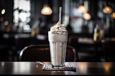refreshing milkshake with chunks of ice and straws in the background, created with generative aiの素材