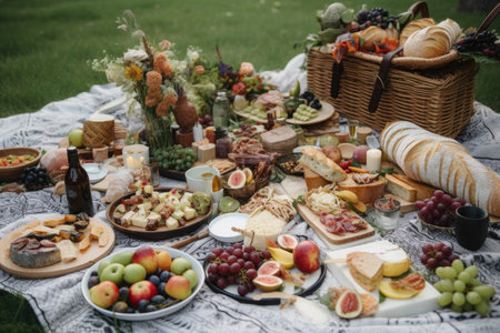 a beautiful picnic spread with platters of food, blankets, and baskets, created with generative aiの素材