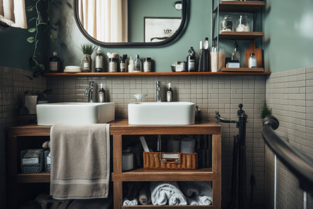 a tidy and organized bathroom with a variety of grooming supplies and towels, created with generative aiの素材