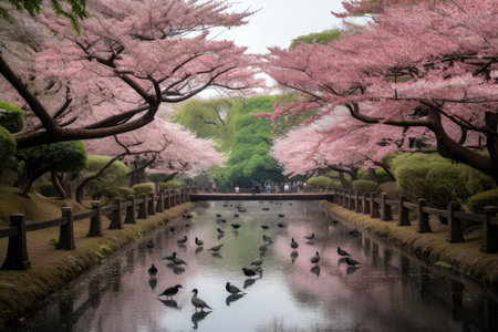 cherry blossom garden, with blooms in full bloom and birds singing, created with generative aiの素材