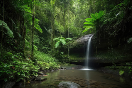 majestic waterfall cascading over lush tropical forest, created with generative aiの素材