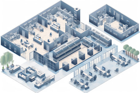 isometric and axonometric floor plans of modern office building, with detailed layouts and furniture, created with generative aiの素材