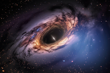 massive black hole at the center of a galaxy, with swirling nebulae and stars in the background, created with generative aiの素材