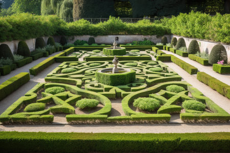 formal garden, with plants in geometric patterns and shapes, created with generative aiの素材