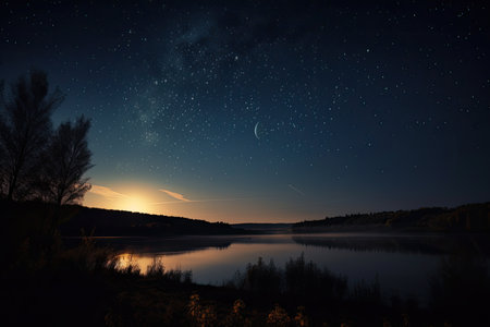scenic view of the night sky, with stars and moon shining brightly, created with generative aiの素材