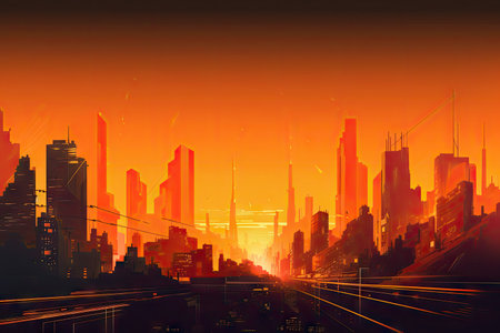 yellow-orange sky and neon signs against futuristic cityscape, created with generative aiの素材