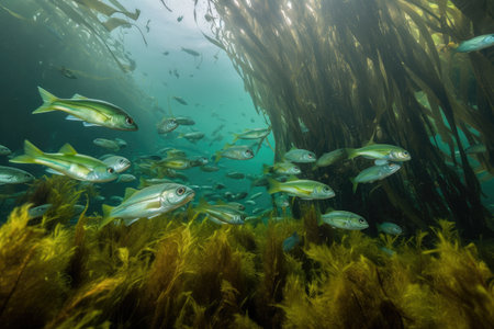 school of fish swimming among kelp plants, with their schools and movements highlighted against the green seaweed, created with generative aiの素材