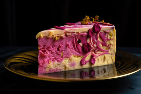 cake slice, with swirls of fuchsia and gold frosting, created with generative aiの素材