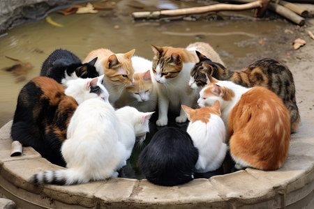 group of cats sitting in circle, licking each other, created with generative aiの素材