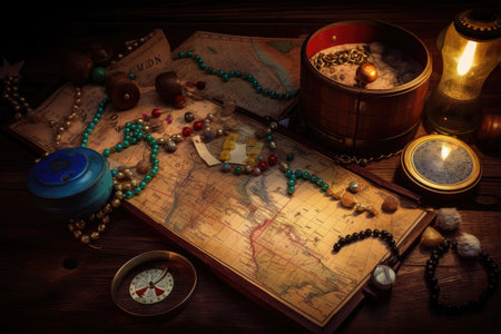 treasure with a colorful treasure map and other treasures, created with generative aiの素材