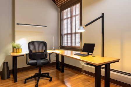 office space with ergonomic desk, chair, and lighting, created with generative aiの素材