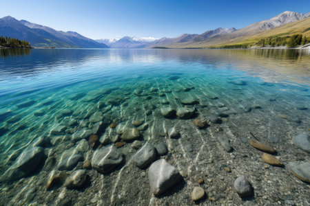 crystal-clear lake, with view of towering mountain range in the background, created with generative aiの素材