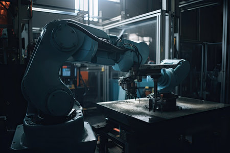 industrial robot with newly installed arm or other component, taking final test before return to production, created with generative aiの素材