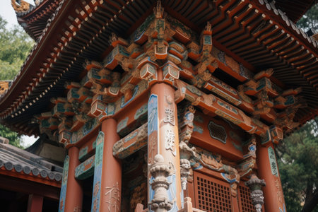 close-up of pagodas intricate details, including carved wooden beams and painted tiles, created with generative aiの素材