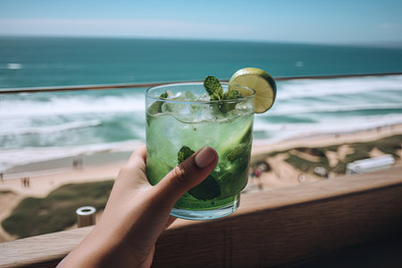 person, enjoying mojito cocktail on a warm day, with view of the beach, created with generative aiの素材