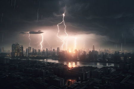 thundering storm above futuristic city, with lightning bolts striking down from the sky, created with generative aiの素材