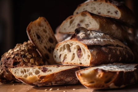 close-up of slices of artisan breads, with crumb and crust in focus, created with generative aiの素材
