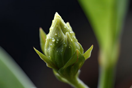 close-up of budding flower bud, with visible petals and leaves, created with generative aiの素材