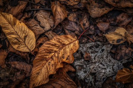 close-up of fallen leaves with intricate patterns and textures visible, created with generative aiの素材