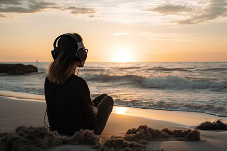 person, chilling on beach, listening to lofi music, created with generative aiの素材