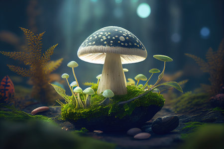 magic mushroom growing in nature, surrounded by greenery, created with generative aiの素材