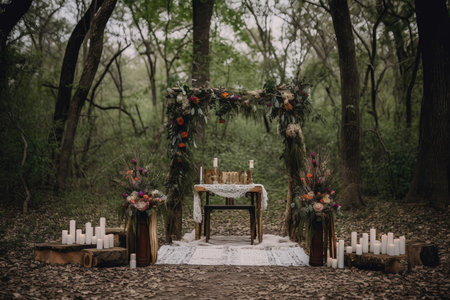 ceremony setup with a wooden altar, candles, and flowers, created with generative aiの素材