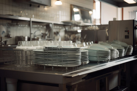 dishwasher in busy cafeteria, with plates and glasses being washed and dried, created with generative aiの素材