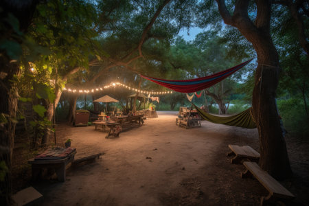 campsite with hammocks, lanterns, and picnic for a relaxing night under the stars, created with generative aiの素材
