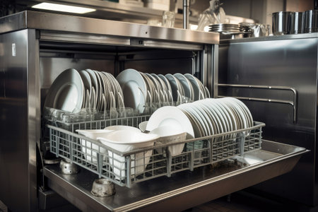 industrial dishwasher with spotless glassware and plates ready for use, created with generative aiの素材