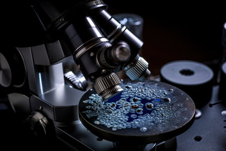 microscope, with a magnified image of a cell or molecule, created with generative aiの素材