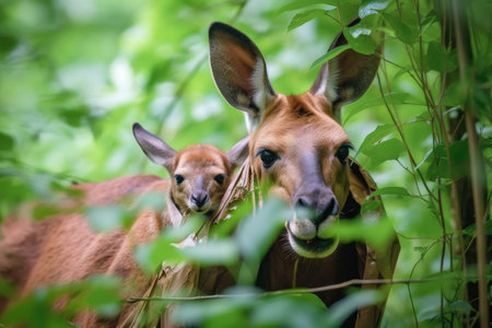 kangaroo mother with her joey peeking out of the pouch, surrounded by lush greenery, created with generative aiの素材
