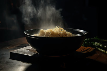 close-up of ramen bowl with steam rising from the hot broth and noodles, created with generative aiの素材