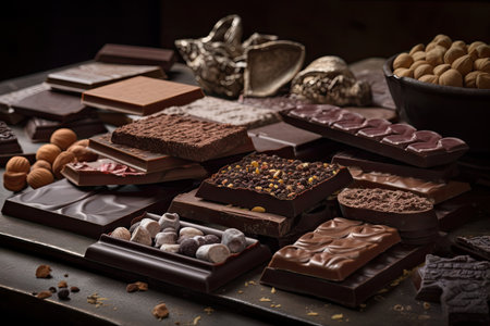 mouth-watering selection of chocolate bars with unique flavors, textures and designs, created with generative aiの素材