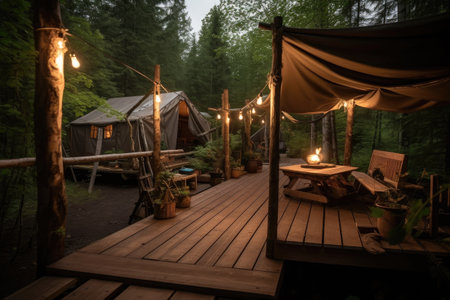 impressive campsite with wooden deck and hanging lanterns for a cozy atmosphere, created with generative aiの素材