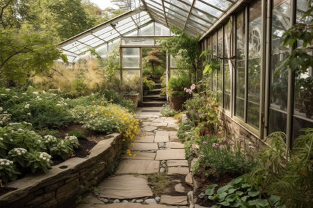 greenhouse with plants spilling onto stone path, created with generative aiの素材