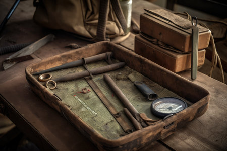 worn metal detector frame with toolkit and treasure map in the background, created with generative aiの素材