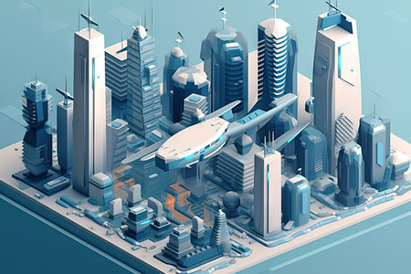 isometric view of futuristic cityscape, with towering skyscrapers and hovering hovercrafts visible in the background, created with generative aiの素材