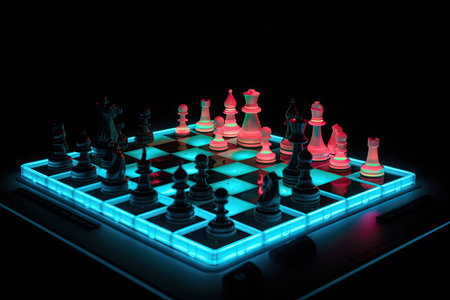 a neon chess set, with pieces in motion and the checkmate in sight, created with generative aiの素材