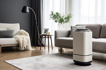 air purifier in stylishly designed living room, providing clean air for family to breathe, created with generative aiの素材